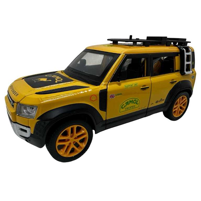 Macheta Land Rover Defender galben sunet lumini deschide usile si capotele