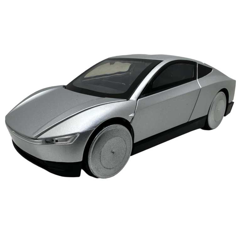 Macheta Tesla Cybercab robotaxi argintie cu sunete lumini deschide usile si capotele