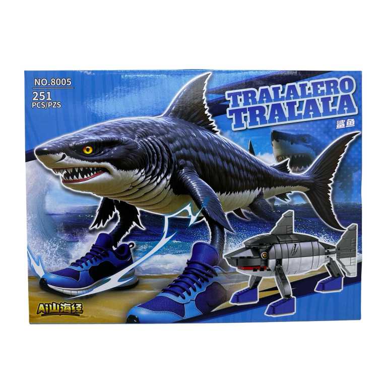 Set constructie Tralalero Tralala 251 piese blocuri tip Lego, rechin articulat cu pantofi sport