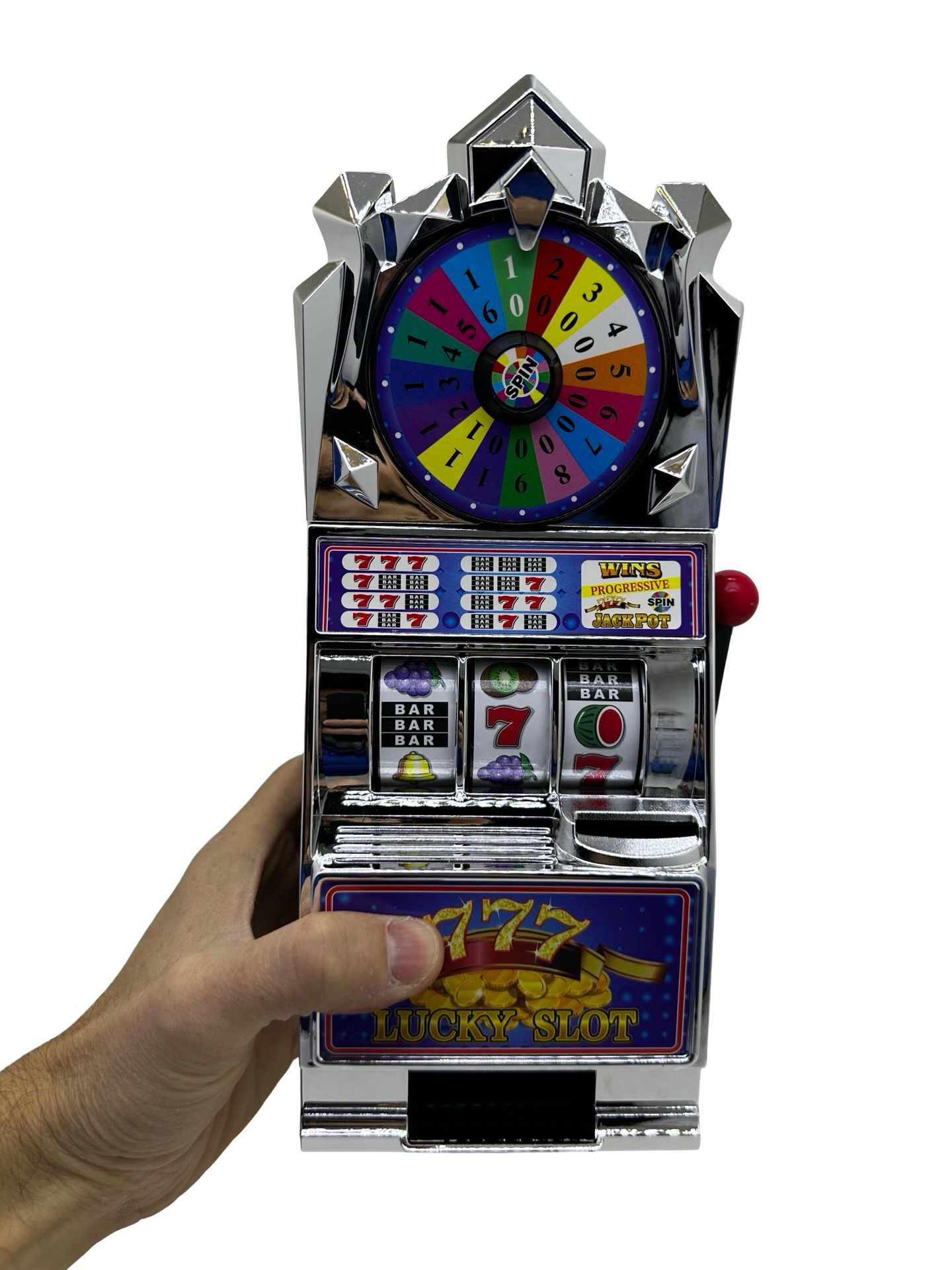 IMG-20251014-WA0069 Mini aparat de pacanele Lucky Slot 777 cu roata norocului, design retro 27 cm