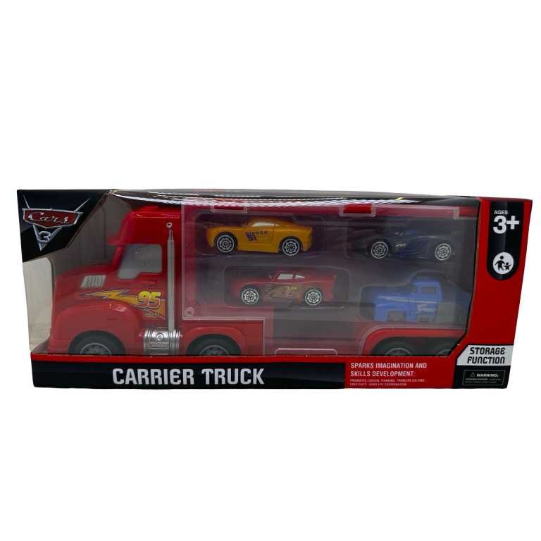 Set tir Cars din plastic cu 4 masinute