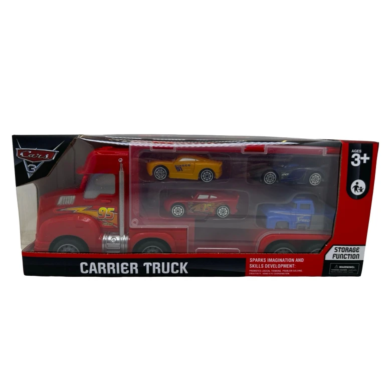 Set tir Cars din plastic cu 4 masinute