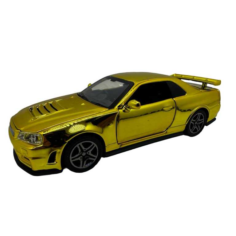 Macheta Nissan Skyline GTR R34 auriu scara 1:32 replica metal lumini si sunete usi deschise