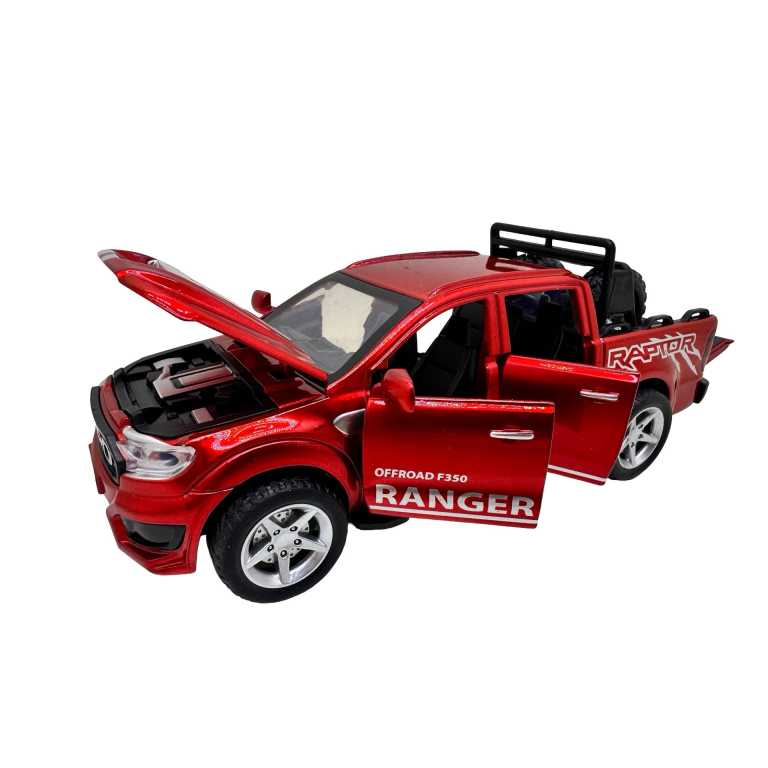 Macheta Ford Ranger Raptor 1:32 rosie replica metal lumini si sunete usi deschise bena functionala