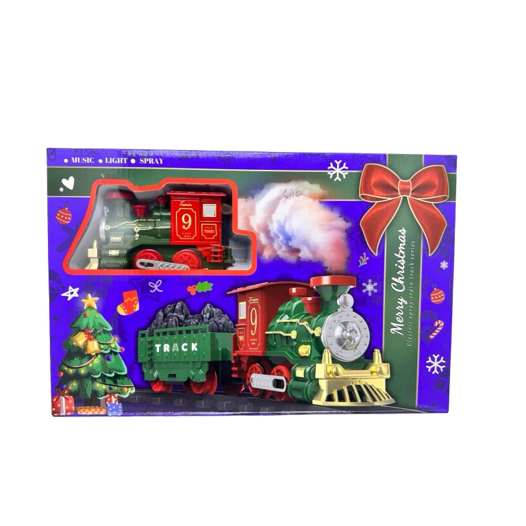 Tren electric Craciun Merry Christmas cu lumini, sunete si aburi – locomotiva cu vagon, circuit inclus