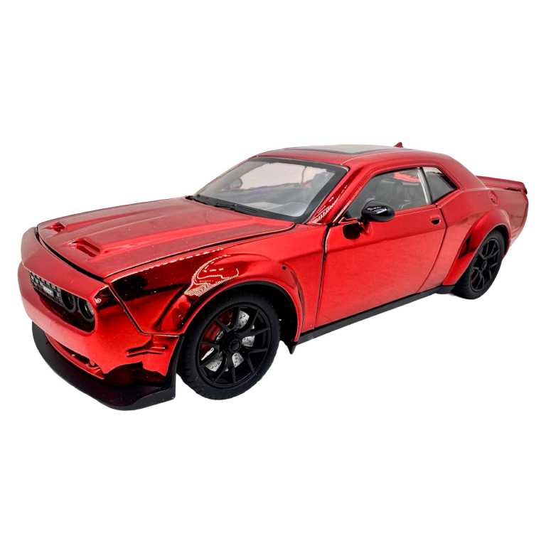 Macheta Dodge Challenger rosu cromat SRT 1:24 replica metal lumini si sunete, usi deschise