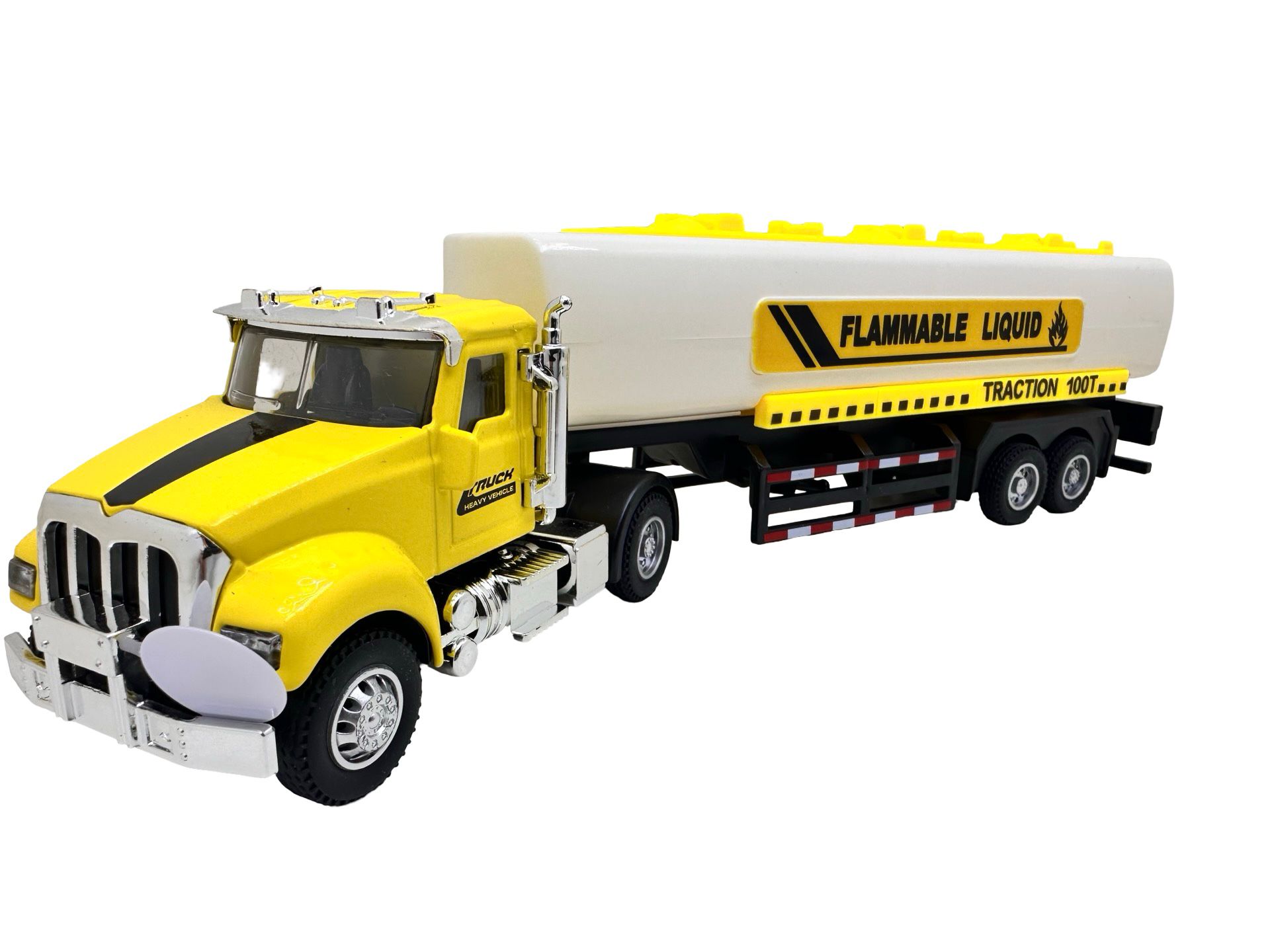 IMG-20251111-WA0389 O macheta detaliata si rezistenta, acest tir cisterna in culori galben si alb este realizat la scara 1:24 si imita perfect un camion de transport lichide inflamabile. Capul tractor este confectionat din metal, iar cisterna este realizata din plastic durabil. Efectele sonore si luminoase sunt activate prin buton, oferind o experienta de joaca realista si captivanta. Modelul functioneaza cu sistem de inertie (pull-back), fiind usor de manevrat de catre copii. Lungime: aproximativ 34 cm Material: metal + plastic ABS Functii: lumini, sunete, mecanism pull-back Varsta recomandata: 3 ani+ Ambalat in cutie cu vitrina, ideal si pentru cadou.