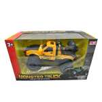 Masinuta Monster Truck galben metal cu usi si capota deschise, sunete si lumini, suspensii mari, 1:24