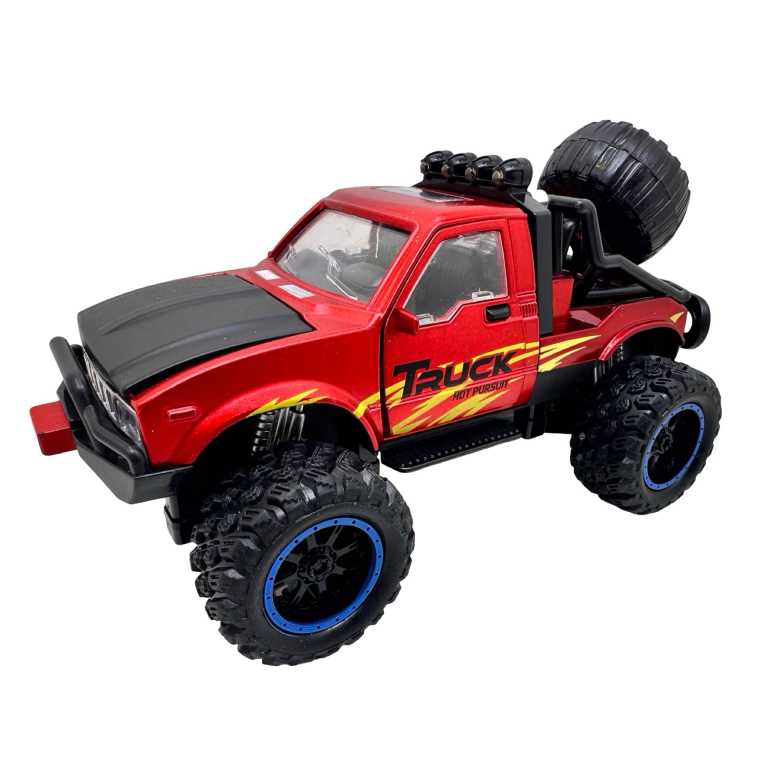 Masinuta Monster Truck rosu metal cu usi si capota deschise, sunete si lumini, suspensii mari, 1:24