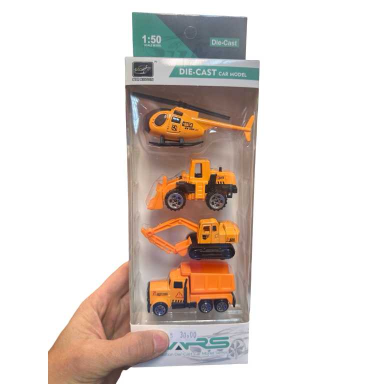Set 4 vehicule constructii 1:50 Die-Cast metal, elicopter + utilaje