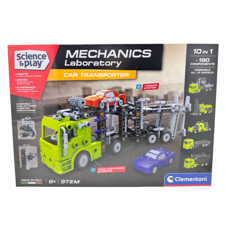 Set Stiintific Clementoni Mechanics Car Transporter 10-in Laborator de Mecanica 190+ Piese 8+