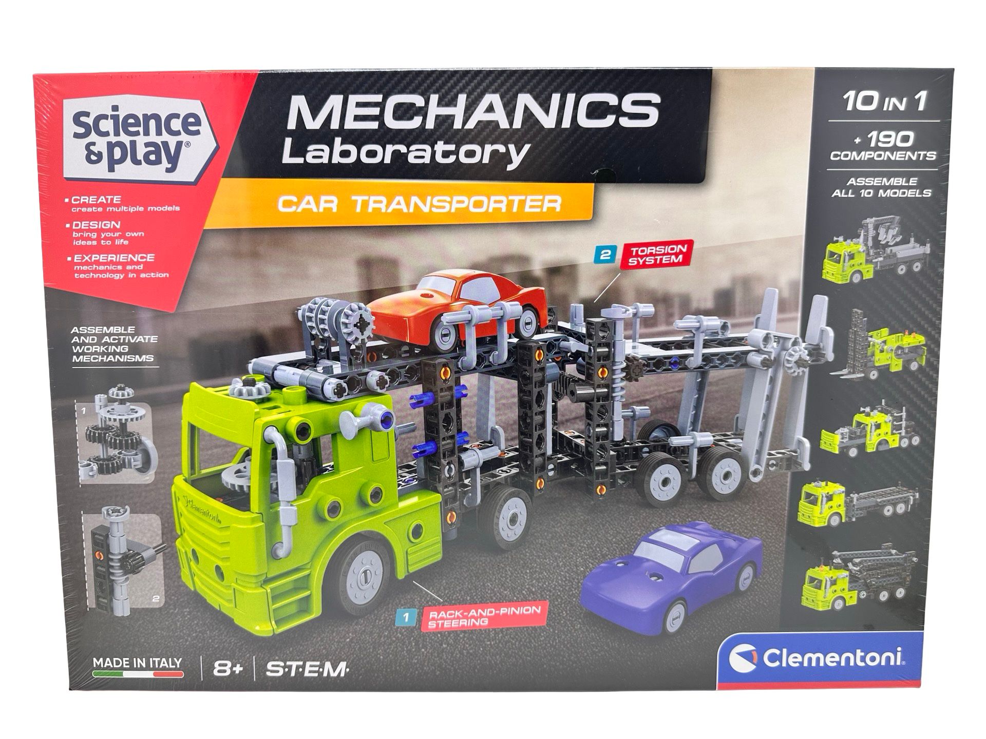 Set Stiintific Clementoni Mechanics Car Transporter 10-in Laborator de Mecanica 190+ Piese 8+ Set Stiintific Clementoni Mechanics Car Transporter 10-in Laborator de Mecanica 190+ Piese 8+