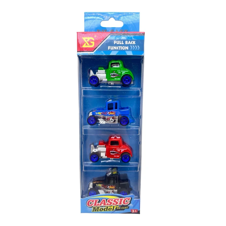 Set 4 Masinute Clasice Die-Cast cu pull-back modele hot road colorate