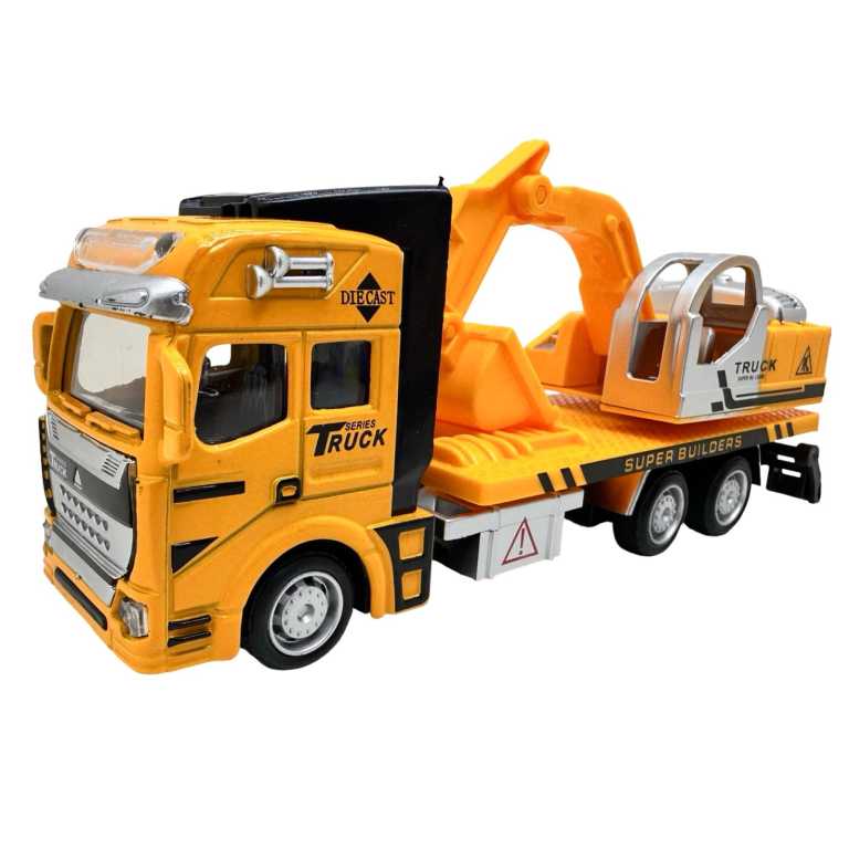 Camion platforma cu excavator galben 1:28 replica metal cu lumini si sunete brat mobil