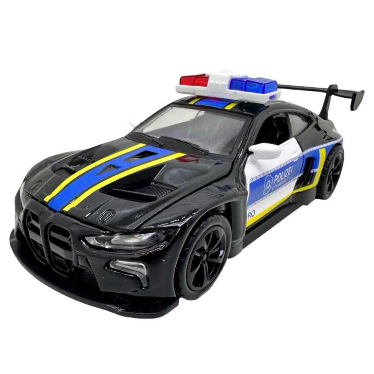 Macheta BMW M4 negru Politie Sport 1:28 metal lumini si sunete deschide usile