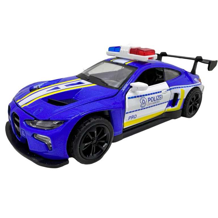 Macheta BMW M4 albastru Politie Sport 1:28 metal lumini si sunete deschide usile