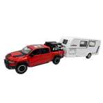 Macheta Ford Ram rosu Pickup cu Rulota Camping 1:32 metal lumini si sunete deschide usile