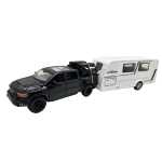 Macheta Ford Ram negru Pickup cu Rulota Camping 1:32 metal lumini si sunete deschide usile