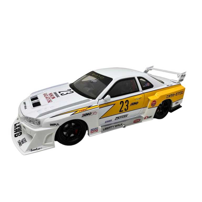 Macheta Nissan Skyline GT-R R34 alb galben Liberty Walk 1:24 – replica drift tuning sunet si lumini