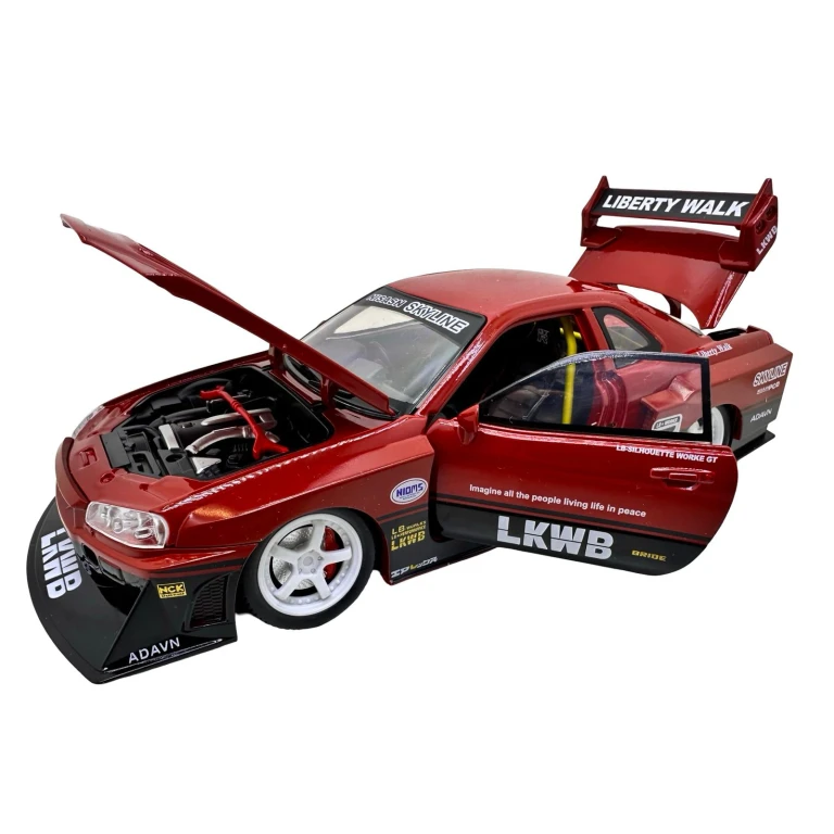 Macheta Nissan Skyline GT-R R34 rosu Liberty Walk 1:24 – replica drift tuning sunet si lumini