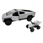 Macheta Tesla Cybertruck cu ATV argintie 1:43 replica metal usi deschise