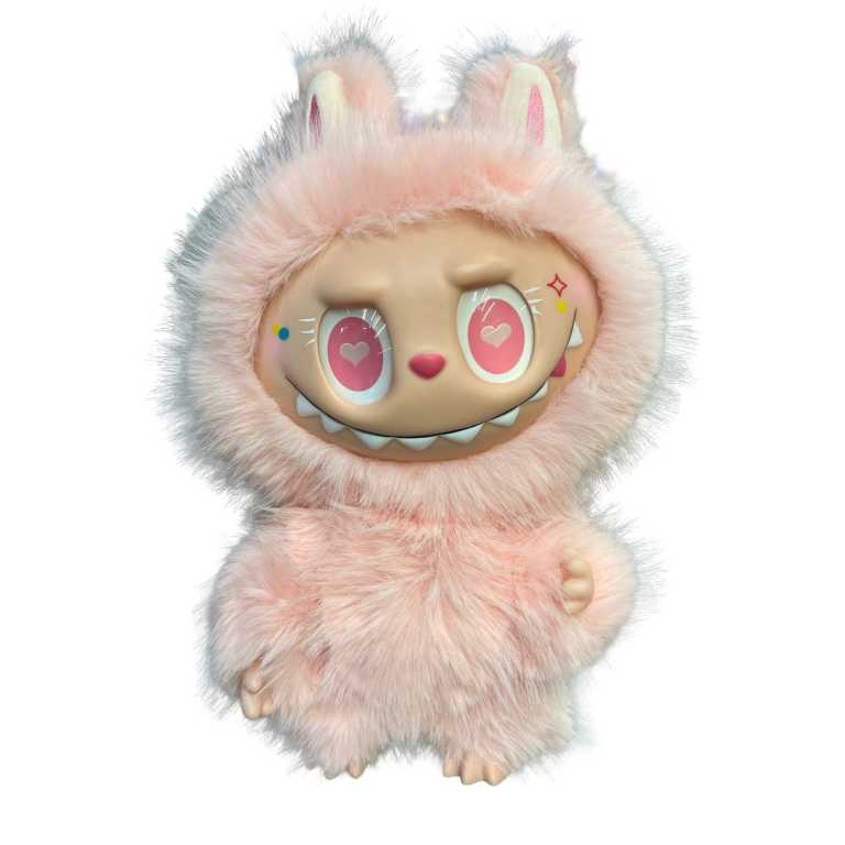 Figurina Labubu Zimomo Angel roz 38 cm jucarie de plus super pufoasa cu brate si picioare mobile si coada cu memorie