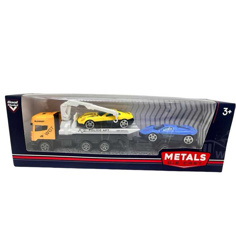 Macheta camion platforma auto 1:43 galben cu doua masini
