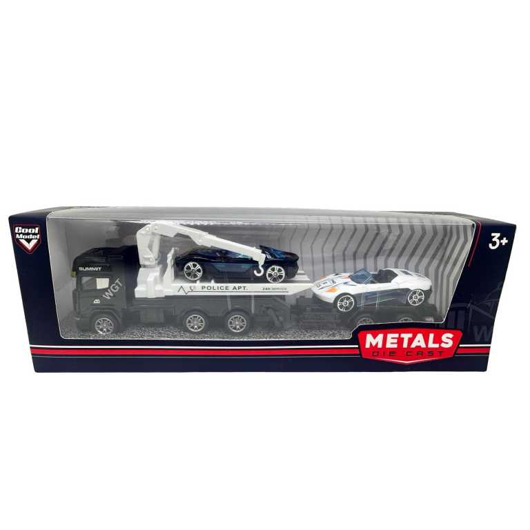 Macheta camion platforma auto 1:43 negru cu doua masini