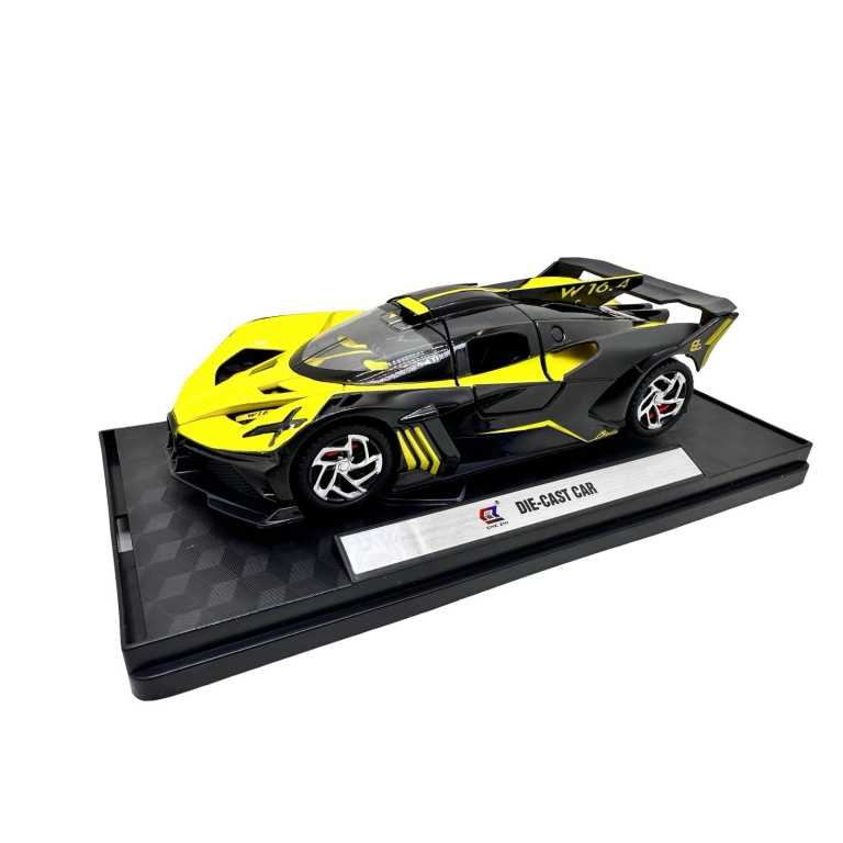 Macheta Bugatti Bolide galben negru 1:32 metal cu lumini si sunete deschidere completa