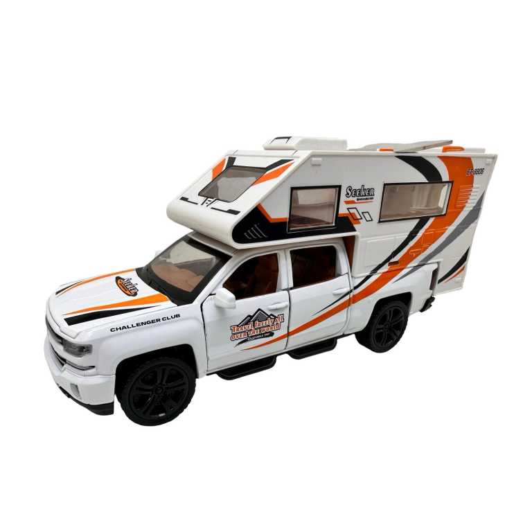Macheta Camping Car Autorulota alba 1:32 metal si plastic cu sunete si lumini deschide usile si capota