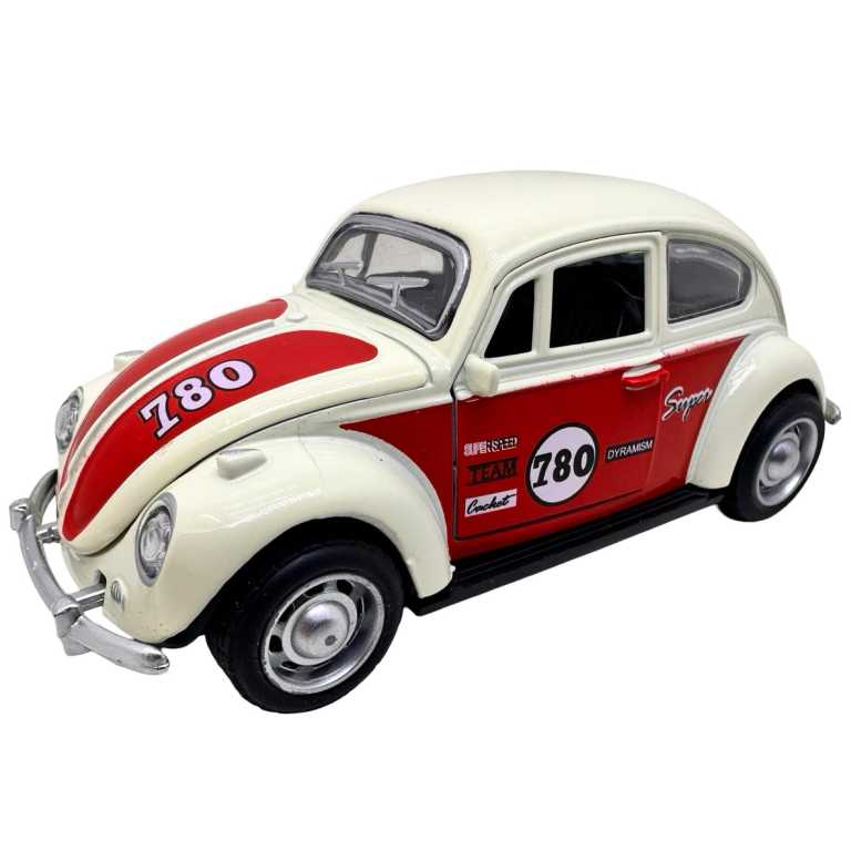 Macheta Volkswagen Beetle clasica crem rosu1:32 replica metal usi deschise lumini si sunete