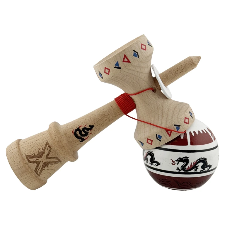 Kendama X Originala Profesionala Flippy DRAGON Series Super Sticky cu Cupe Mari King Size V3 Rulment Metalic si Gaura in Baza din Lemn 18 cm Ata 62/65 cm Alb/Rosu inchis