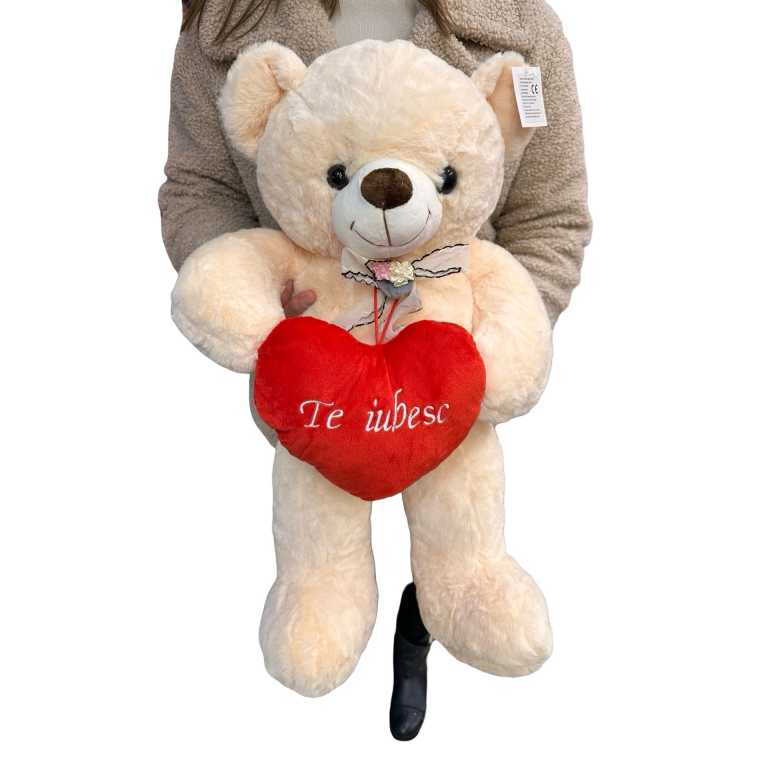 Ursulet crem 60cm cu inimioara Te iubesc – plus moale cadou romantic