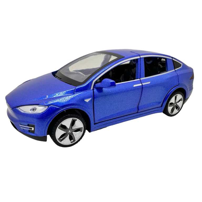 Macheta Tesla Model X albastra 1:32 replica metal die-cast usi si capota functionale