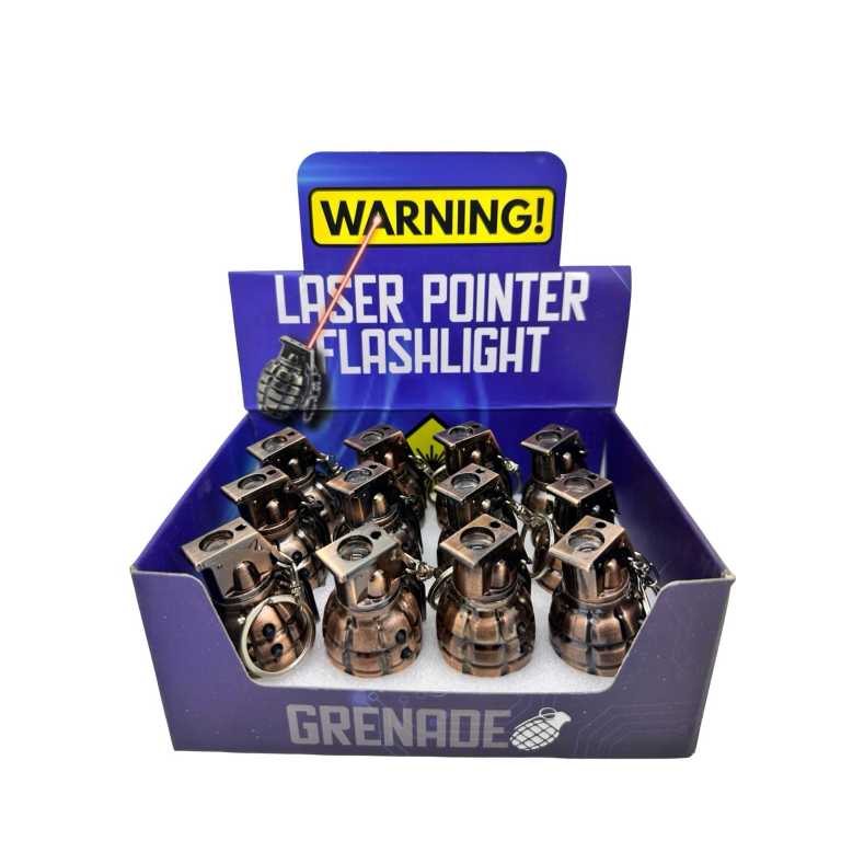 Breloc de jucarie Grenada din metal cu lanterna si laser rosu 6cm