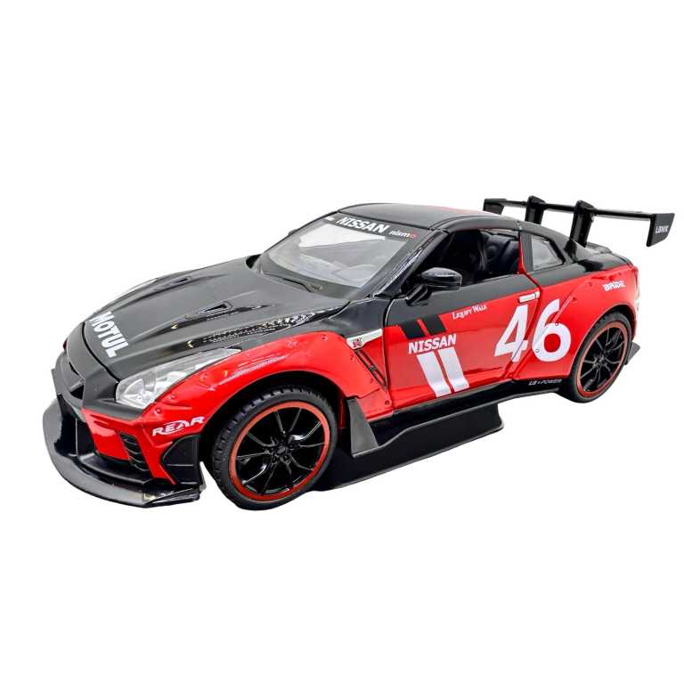 Macheta Nissan GT-R Racing rosu 1:22 replica metal lumini si sunete usi capota si portbagaj deschise