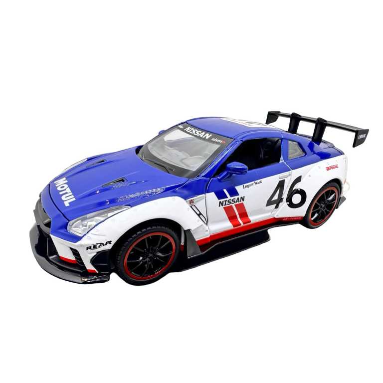 Macheta Nissan GT-R Racing albastru 1:22 replica metal lumini si sunete usi capota si portbagaj deschise