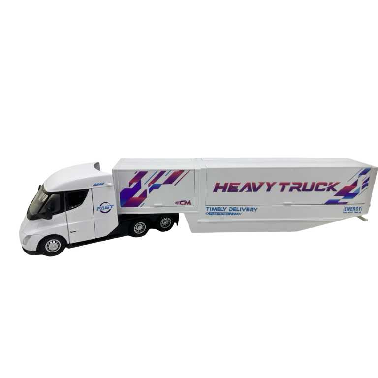 Macheta Tir Tesla Semi alb 45 cm replica metal si plastic lumini si sunete remorca se deschide