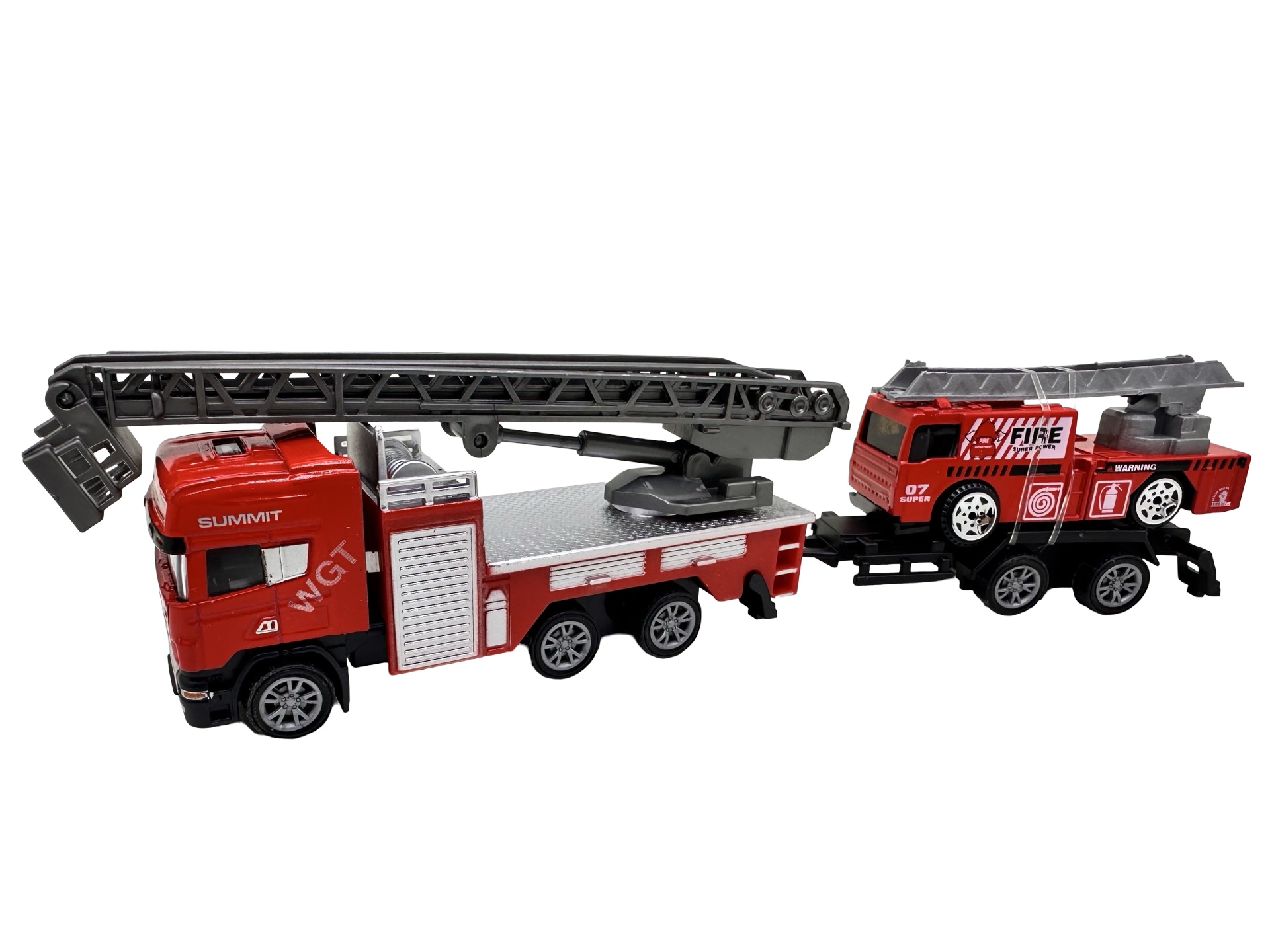 117 Set camion pompieri cu macara si remorca autospeciala pompieri 1:64 replica metal scara extensibila