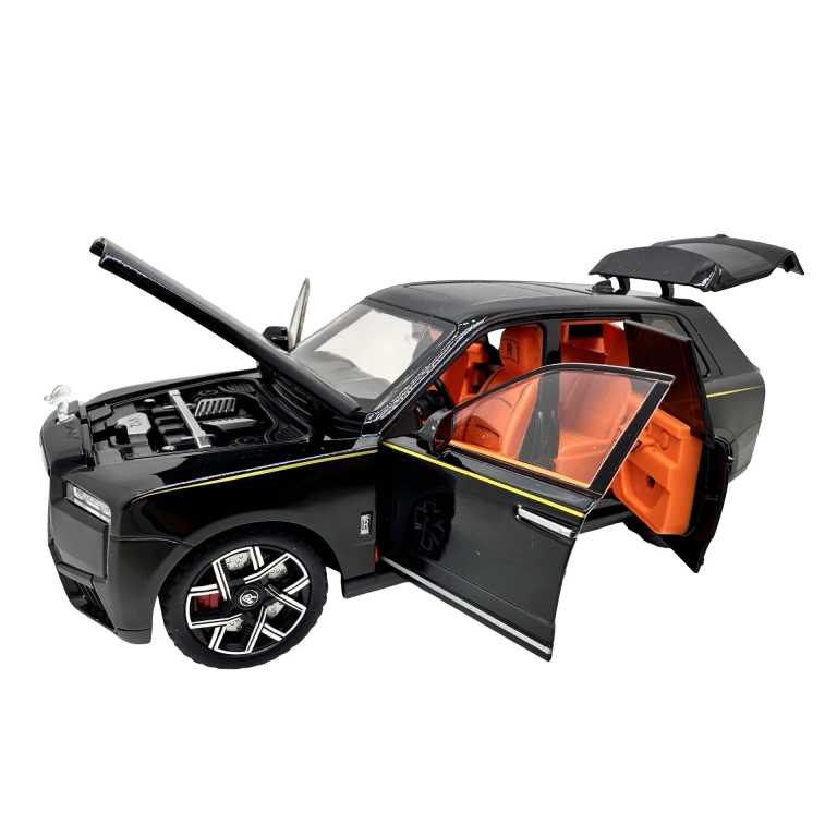 Macheta Rolls Royce Cullinan negru 1:24 replica metal lumini si sunete usi capota si portbagaj deschise