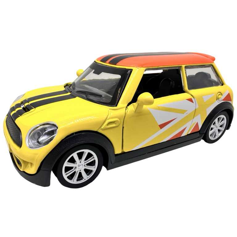 Macheta Mini Cooper Racing galben 1:32 replica metal lumini si sunete usi deschise