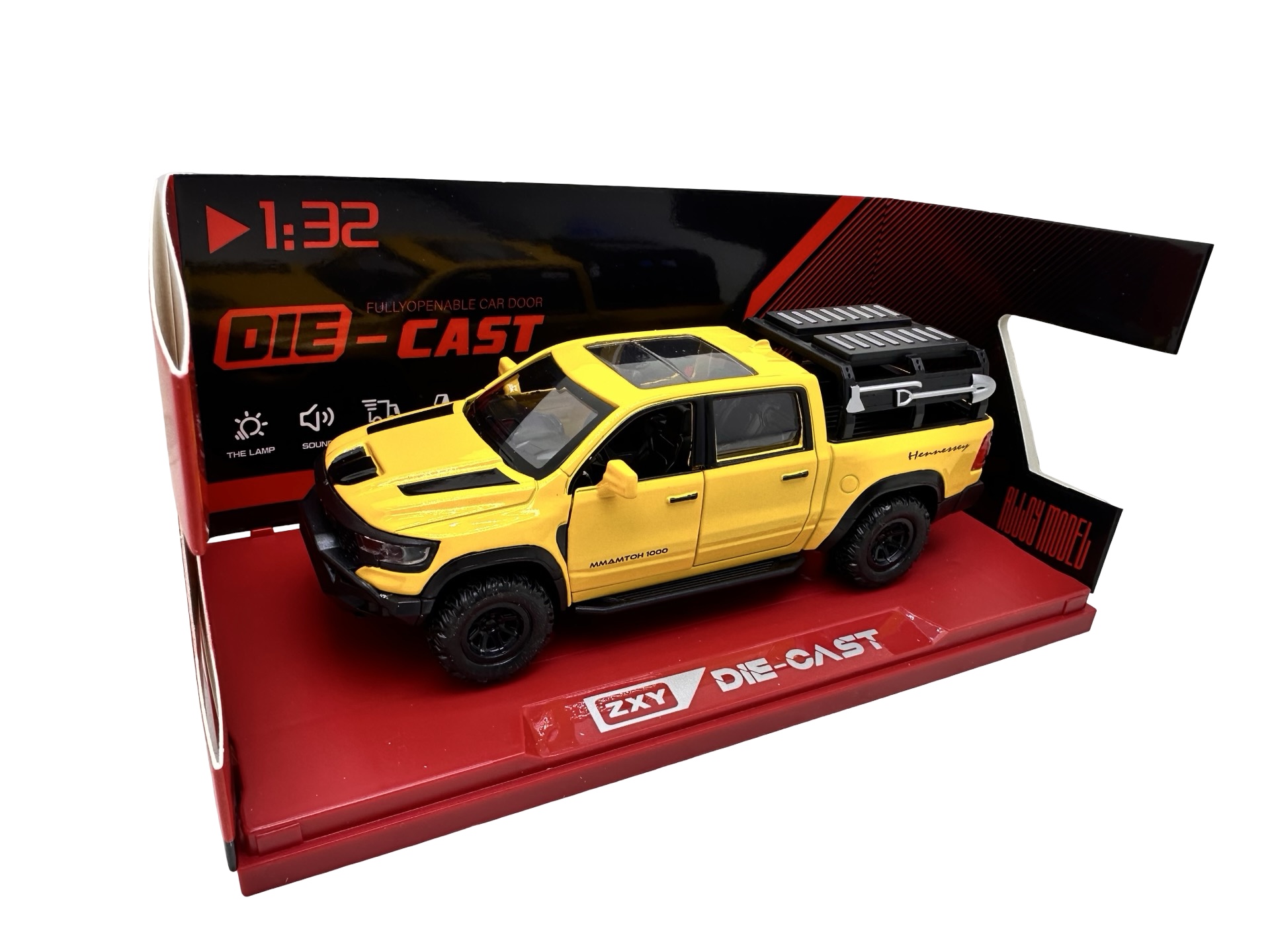 229 Macheta Dodge RAM Mammoth 1000 Hennessey galben1:32 replica metal lumini si sunete usi capota si portbagaj deschise