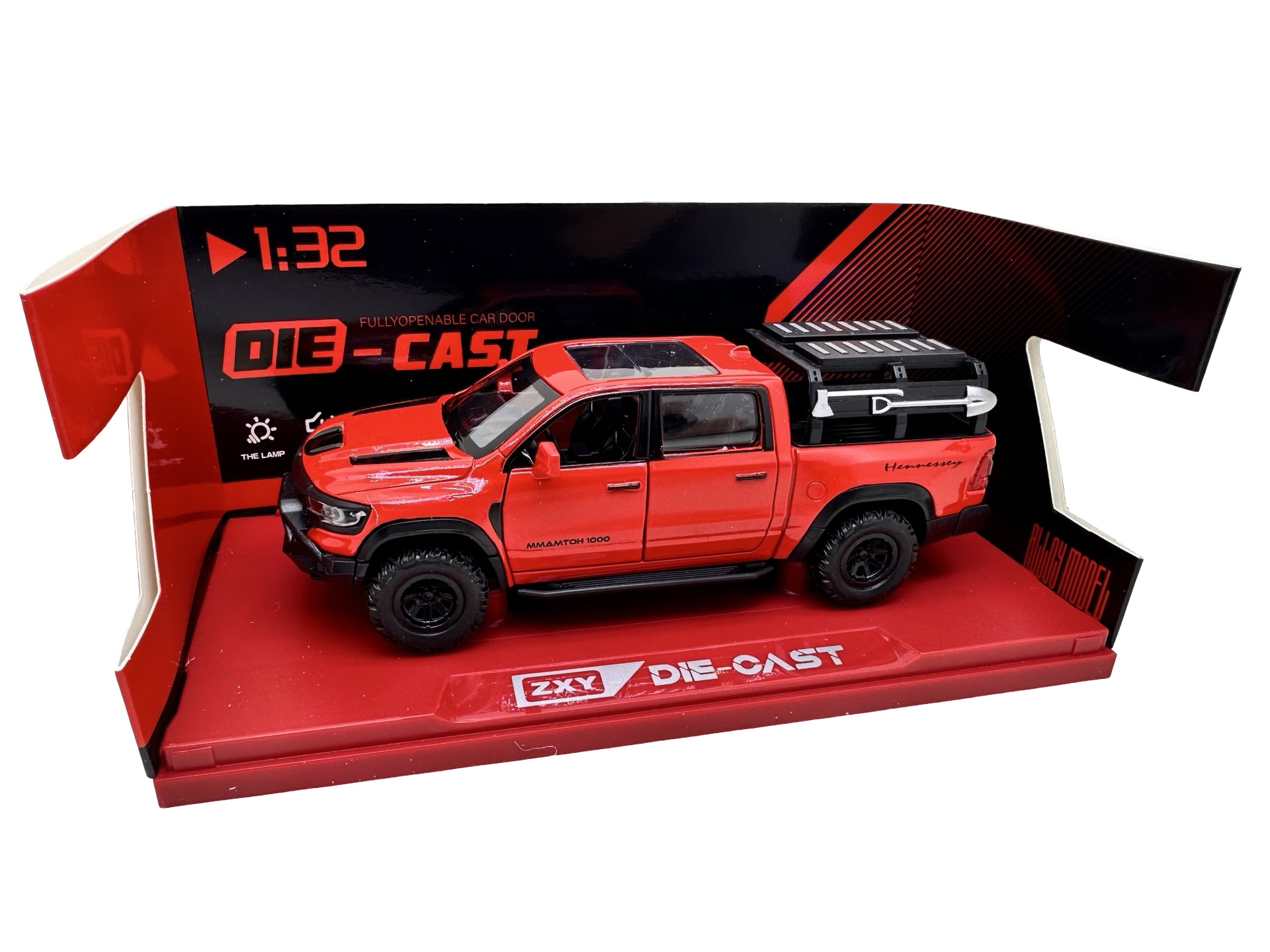 251 Macheta Dodge RAM Mammoth 1000 Hennessey rosu 1:32 replica metal lumini si sunete usi capota si portbagaj deschise