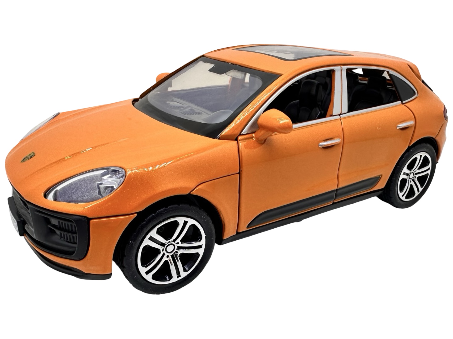 391 Macheta Porsche Macan Turbo portocaliu 1:32 replica metal lumini si sunete usi capota si portbagaj deschise