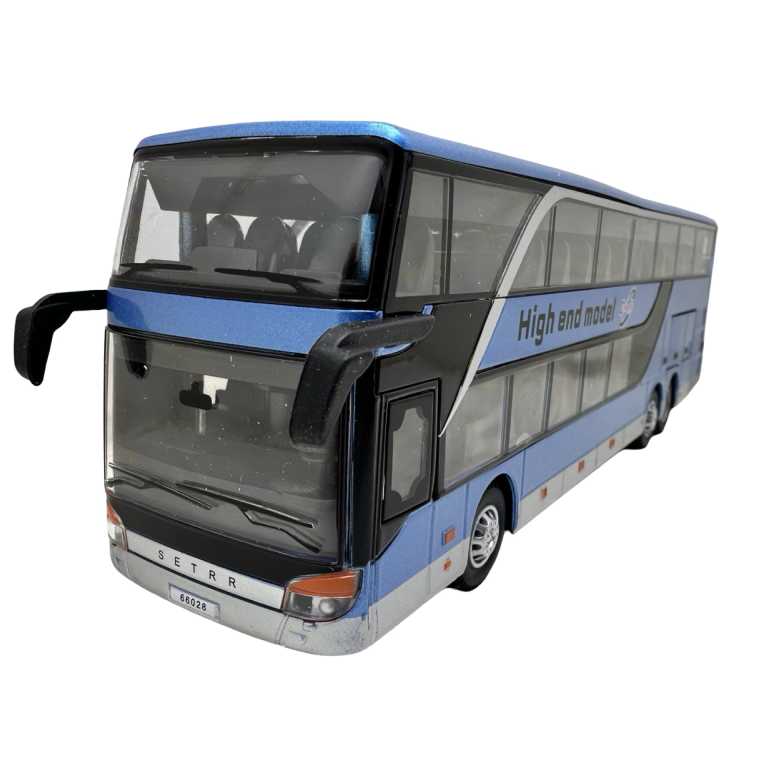 Macheta metal Autobuz Setra albastru etajat 1:32 model autocar turistic cu usi si compartimente deschise sunet si lumini
