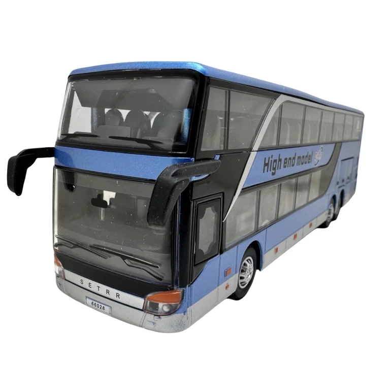 Macheta metal Autobuz Setra albastru etajat 1:32 model autocar turistic cu usi si compartimente deschise sunet si lumini