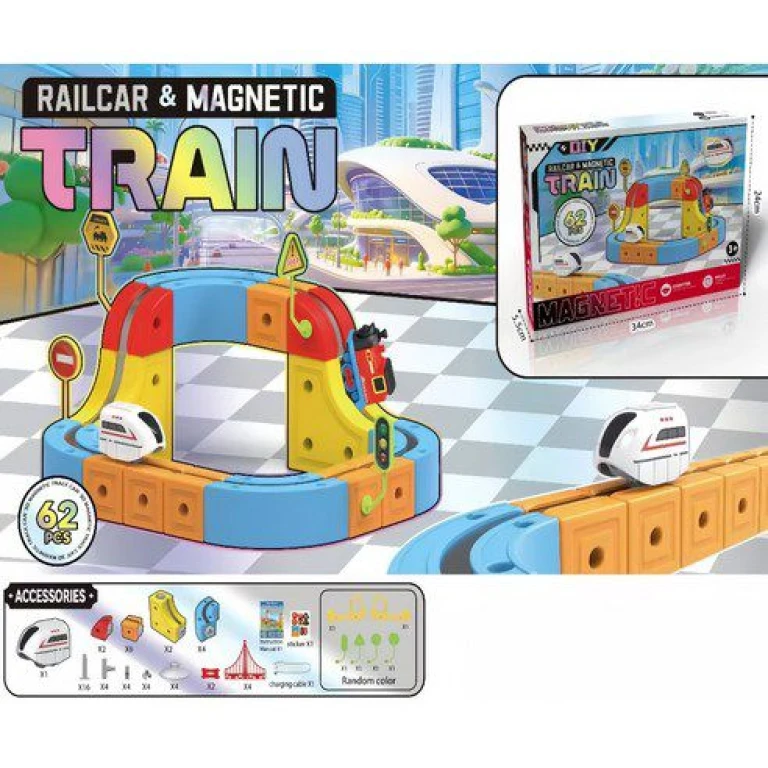 Set Tren Magnetic DIY Railcar & Magnetic Train 62 piese pista modulara copii