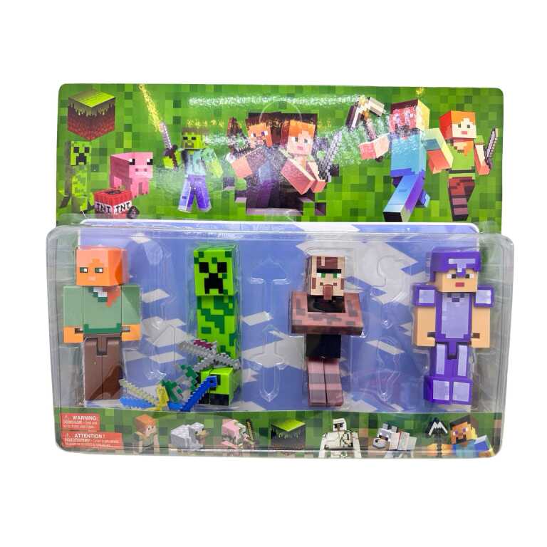 Set 4 figurine 12 cm tip Minecraft Creeper cu accesorii arme si unelte