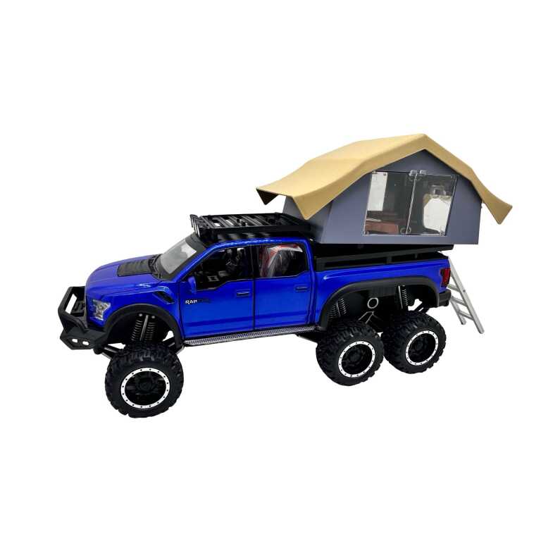 Macheta Ford Raptor albastru 6x6 Camper 1:24 replica metal lumini si sunete usa deschisa si compartiment detasabil