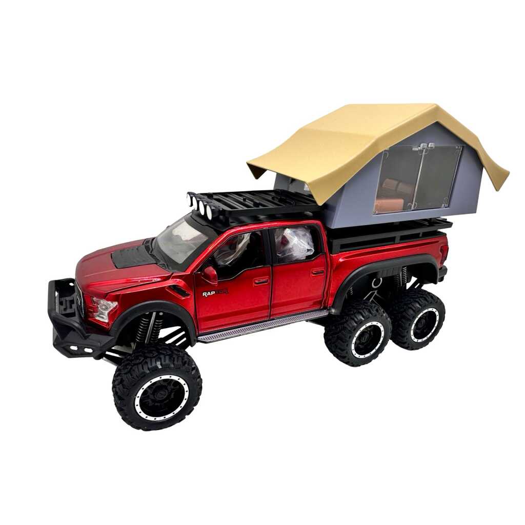 Macheta Ford Raptor rosu 6x6 Camper 1:24 replica metal lumini si sunete usa deschisa si compartiment detasabil